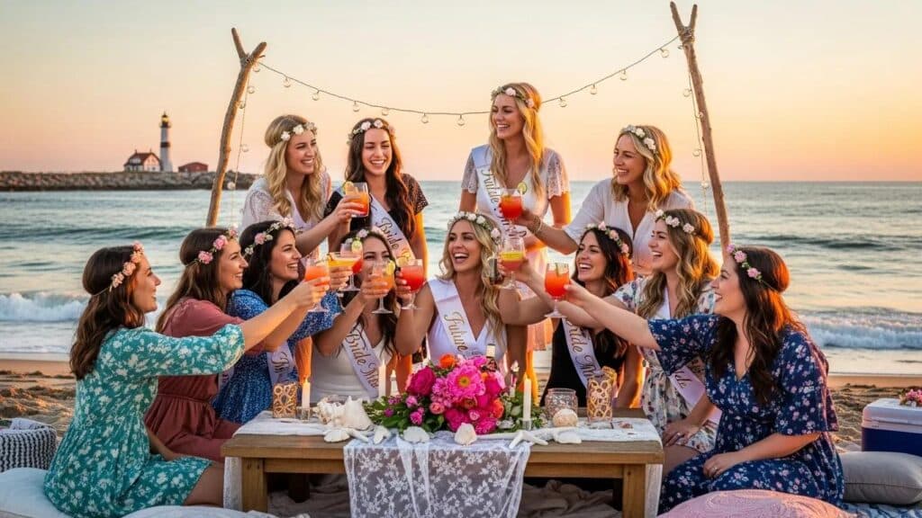Group of friends celebrating a bachelorette party on a Rhode Island beach with drinks and decorations
