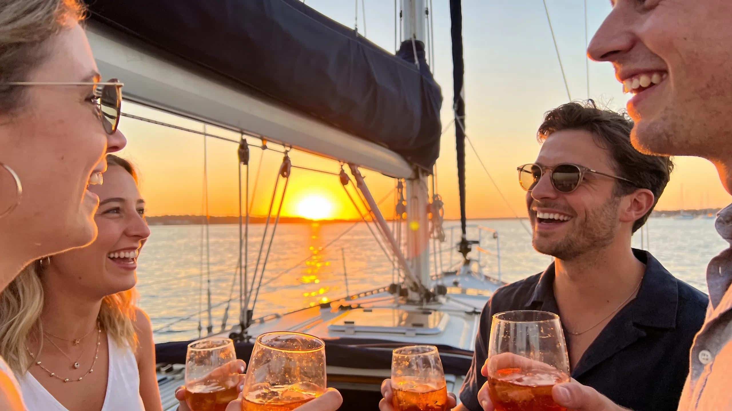 Friends enjoying a sunset sailing excursion on a yacht, highlighting joy and relaxation in Newport Harbor